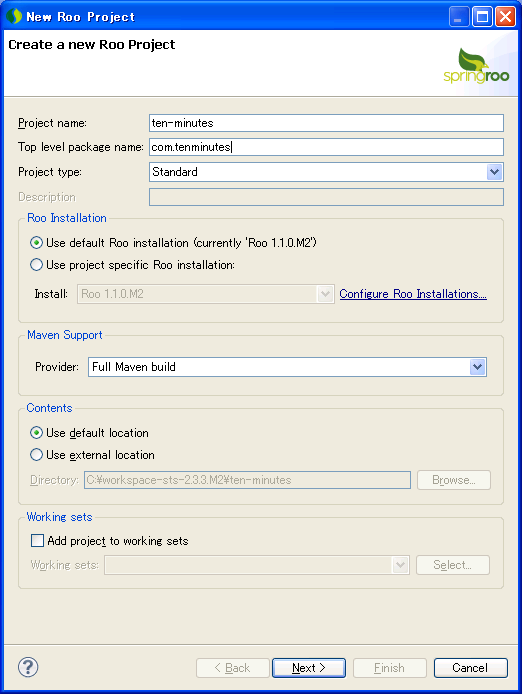 new Roo Project dialog