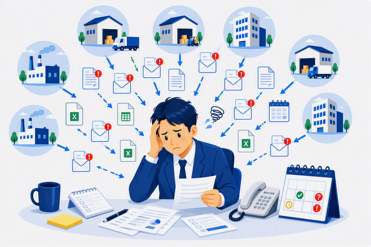 複数の仕入先から届く納期回答を確認する業務のイメージ