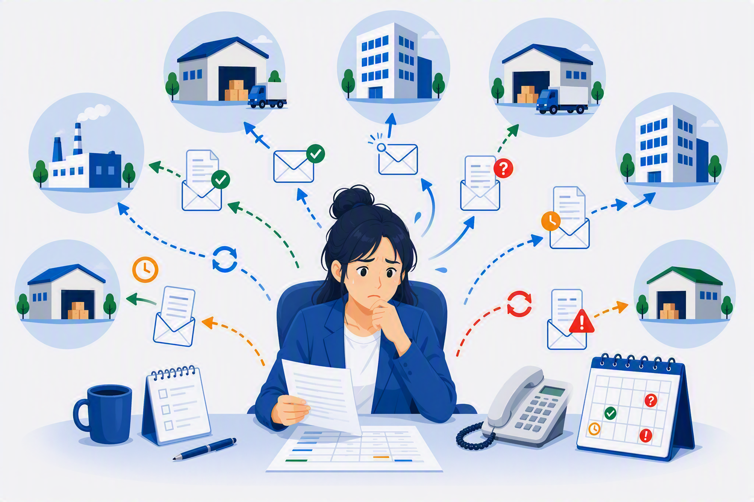 複数の仕入先へ発注データを送付し、受領状況を確認する業務のイメージ