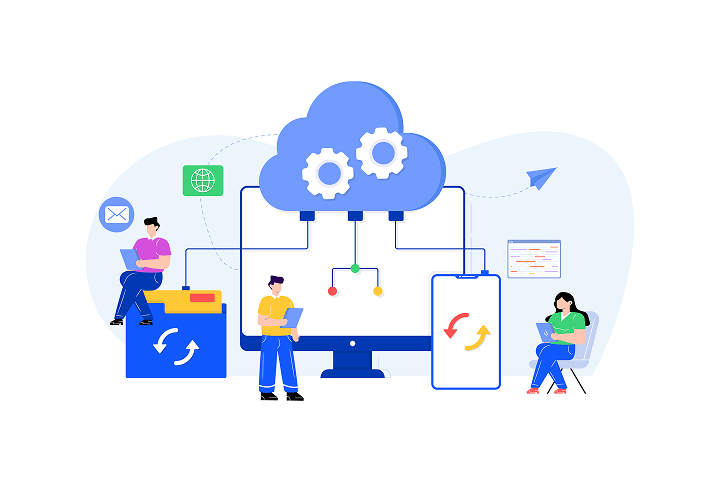 クラウドを中心に業務を行うチームのイラスト